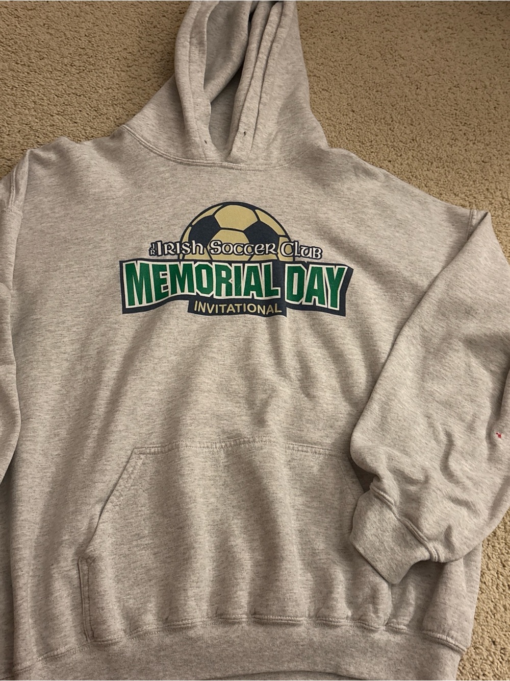 Gildan Gray Hoodie with Green Memorial Day Soccer Graphic #vintage